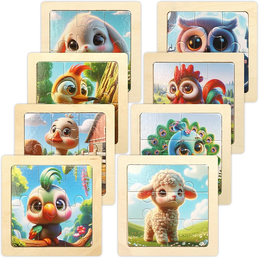 8 Pack Wooden Puzzles for Toddlers, Animals Jigsaw Puzzles for Kids Ages 3-8 Years, Preschool Learning Toys Montessori Early Development Toy for Boys Girls (Farm Animals, 8 Pack)