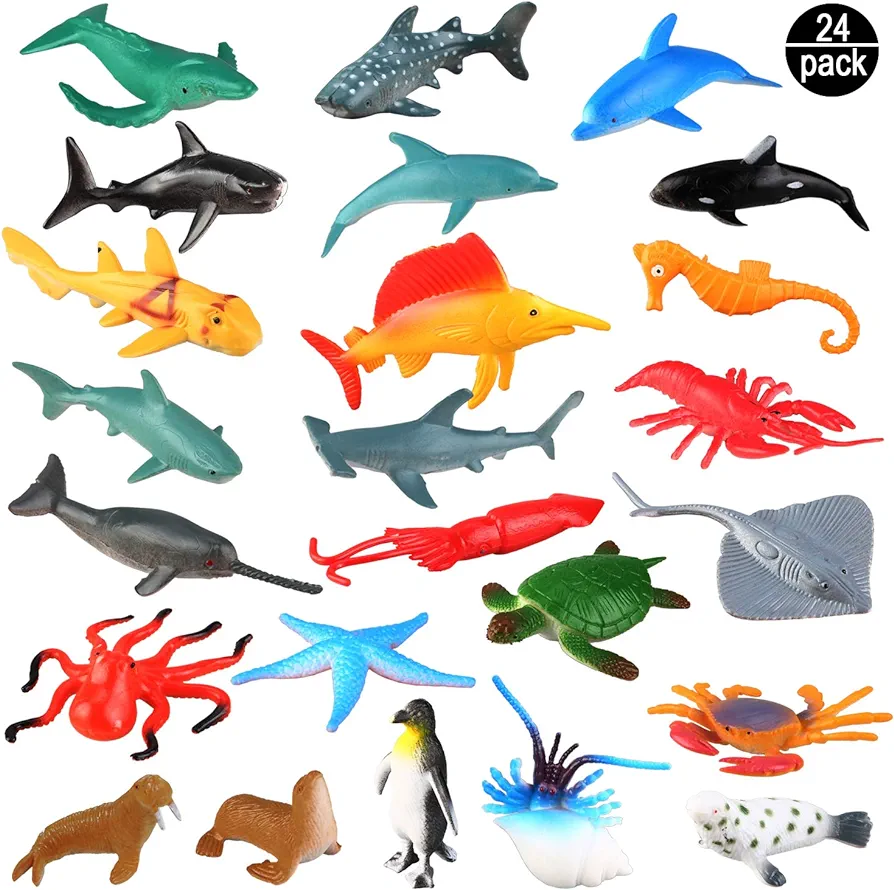 Sea Ocean Animals Plastic Pool Toys Set (24 Pack) for Party Favor Supplies - Display Model Play Set Realistic Deep Sea Animal Figures Birthday Gifts with Turtle Octopus Shark for Children