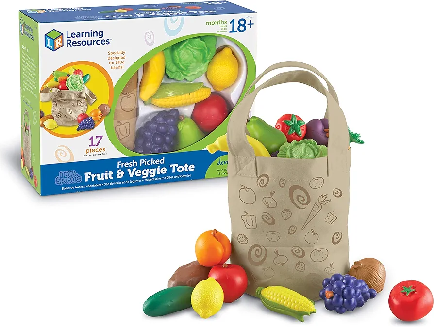 Learning Resources Fresh Picked Fruit And Veggie Tote - 17 Pieces, Ages 18mos+ Pretend Play Toys, Fruits and Vegetables for Kids, Play Food for Toddlers, Preschool Toys