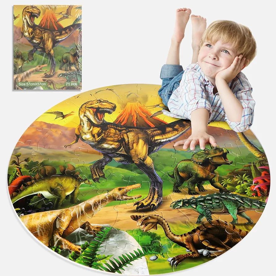 Floor Puzzles for Kids Ages 4-8, 71 Piece Dinosaur Large Jigsaw Puzzle for Kids Ages 4-8, Round Toddler Puzzles Preschool Learning Educational Toys Gift for Boys Girls