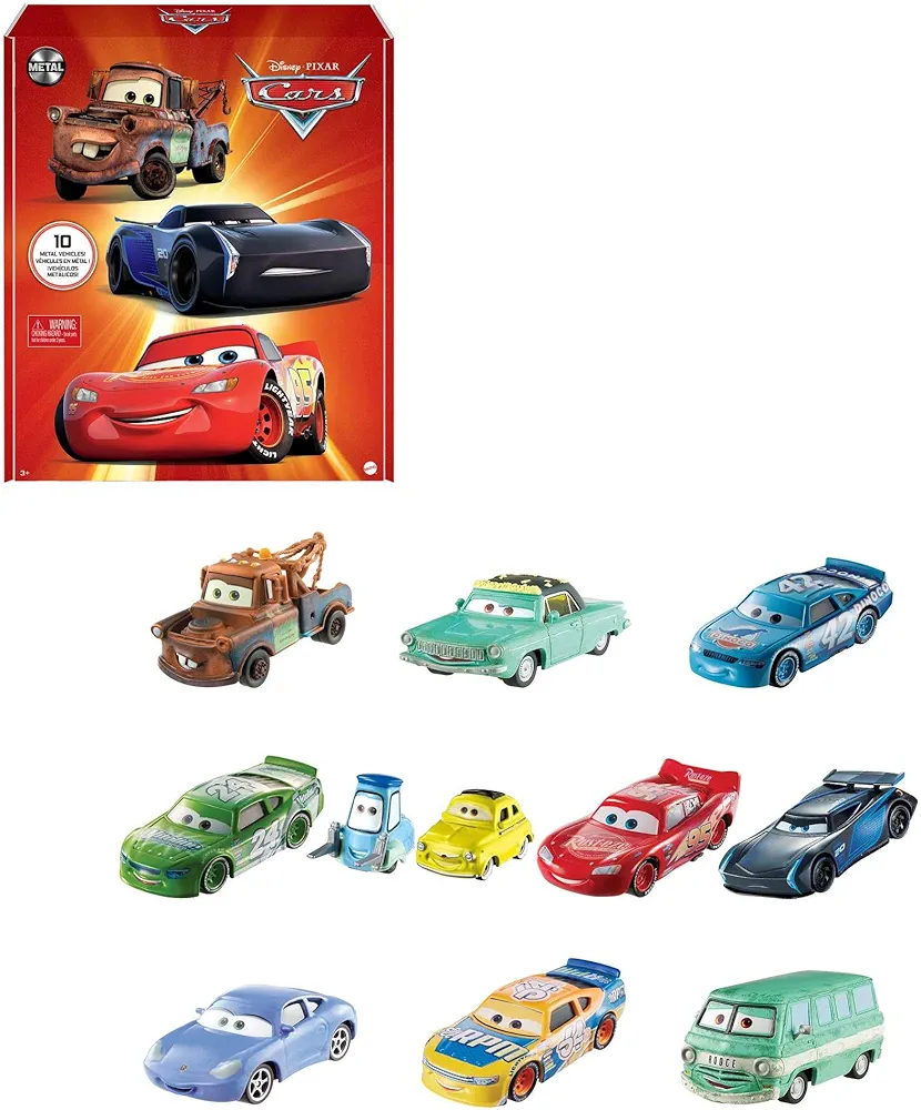 Mattel Disney and Pixar Cars Set of 10 Die-Cast Mini Racers Vehicles, Collectible Set of 1:55 Scale Toy Cars Inspired by Movies