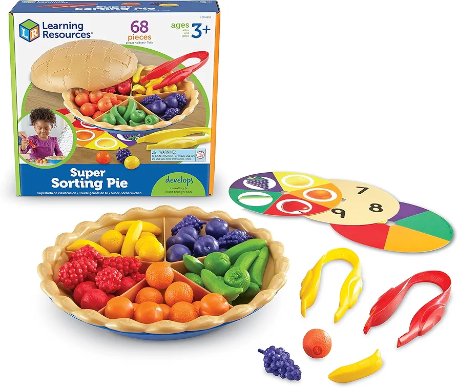 Learning Resources Super Sorting Pie - 68 Pieces, Ages 3+ Toddler Fine Motor Toy, Preschool Learning Games, Develops Counting and Color Recognition, Pretend Play Food, Kids Tweezers