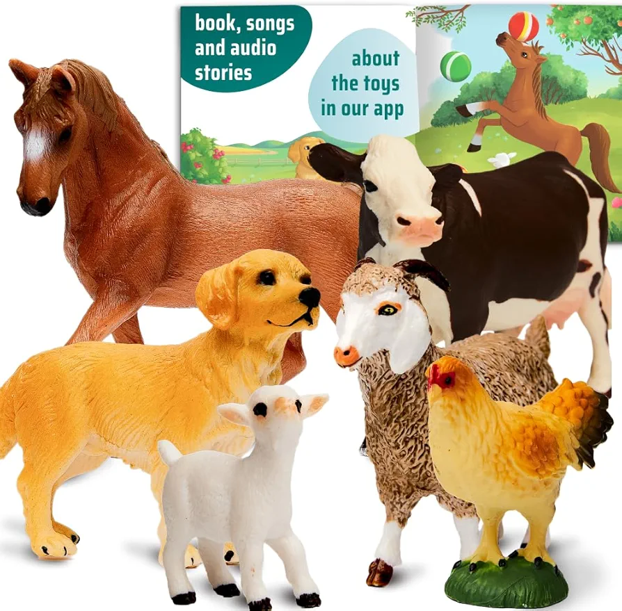 Farm Animals Figures with Audio Stories - 6 pcs Educational Animal Figurines Set with Realistic Horse, Cow, Dog, Goat - Learning Toys Gift for Kids, Toddlers 18+ Months