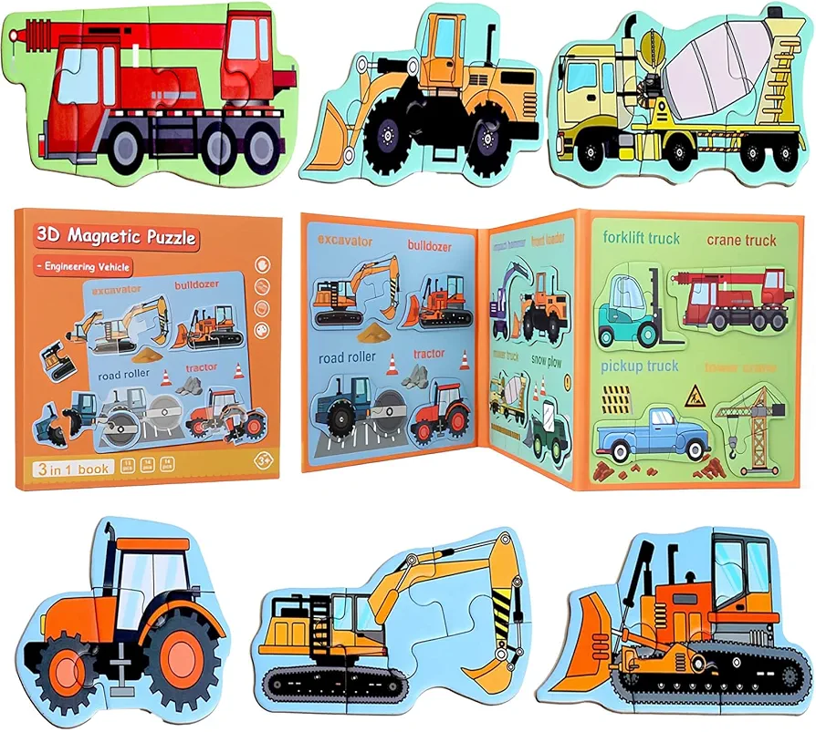 Engineering Vehicle Puzzles for Boys and Girls Ages 3-5, Magnetic Car Puzzles, Preschool Puzzles and Travel Toys for Toddlers, Toddler Learning Activities, Refrigerator Magnet