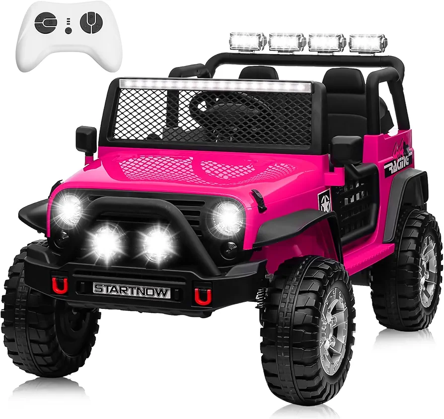 24V Ride on Car w/2 Seater, Remote Control, Light Bar, 3 Speeds, Bluetooth Music, Decorative Flower, Power 400W Wheels Toy Car for Big Kids Boys Girls, 24V Electric Jeeps, Rose Red