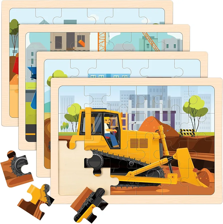 Wooden Puzzles for Kids Ages 4-6, 4 Packs 24 PCS Construction Vehicle Jigsaw Puzzles for Kids Ages 3-5, Preschool Educational Puzzles Boards Toys Gifts for Boys Girls