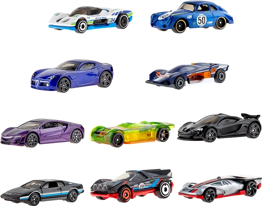 Hot Wheels 10-Pack, Set of 10 Toy Race Cars in 1:64 Scale, Licensed & Unlicensed Collectible Vehicles (Styles May Vary)