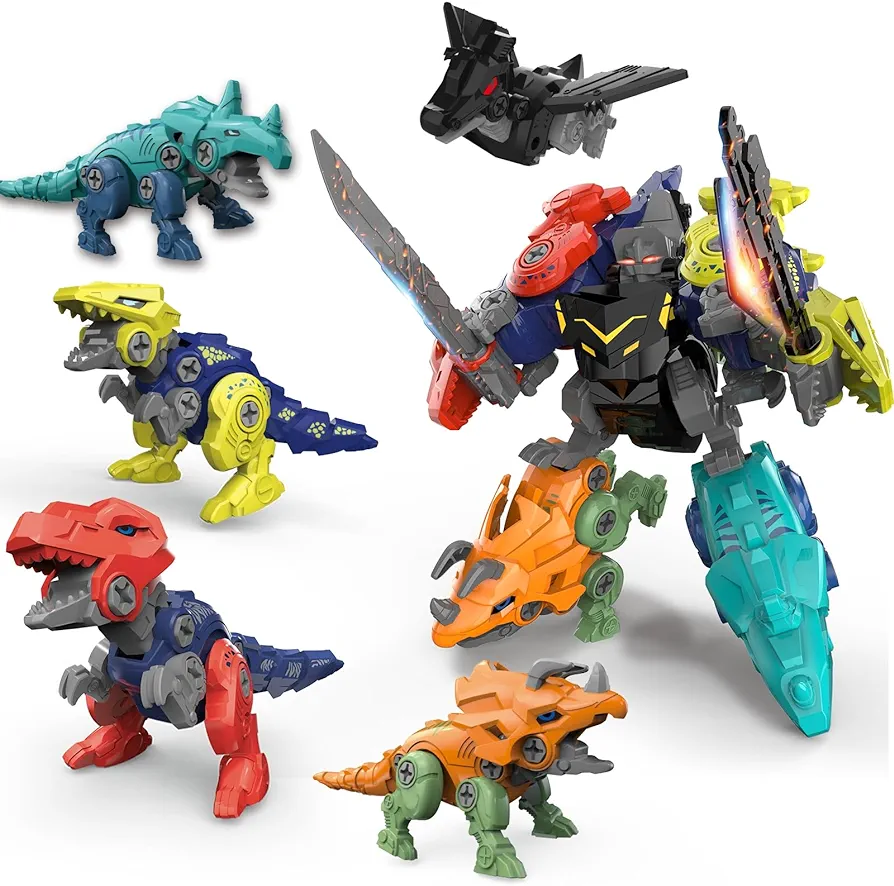 Dinosaur Transformers Robot 5 in 1 Take Apart Toys Set for boy Kid Age 3 4 5 6 7 8 Years Old Construction Building DIY with Drill Tool Kit Best Gift for Birthday Christmas Easter