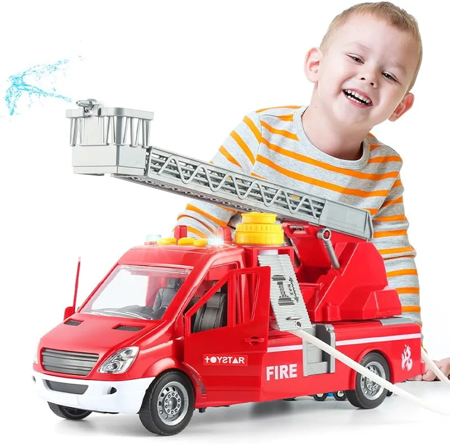 11" Rescue Fire Truck Toys Car Lights & Sounds Shooting Water car Transport Trailers Push Car Extendable Ladder for Toddlers and Kids Age 3-8