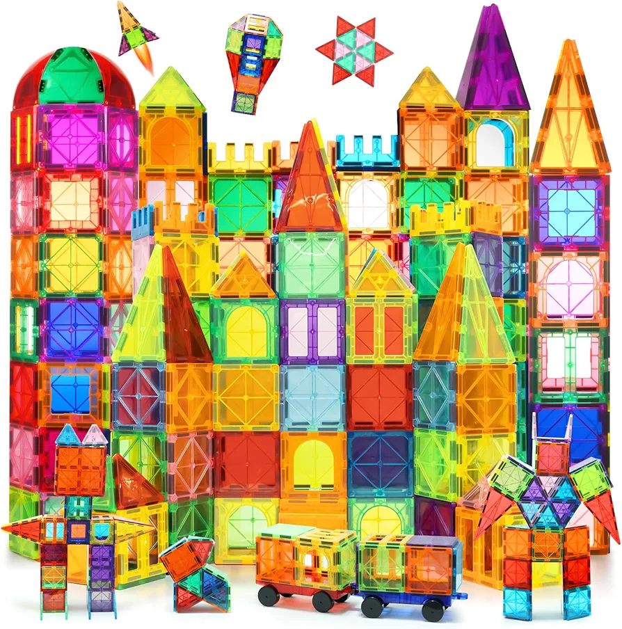 130 PCS Magnetic Tiles,Magnetic Building Blocks Tiles 3D Clear Construction,Magnet Building Set with 2 Cars,STEM Educational Magnet Toy Set Gift for Toddlers Kids Boys 3 4 5 6 7 8 9+ Year Old