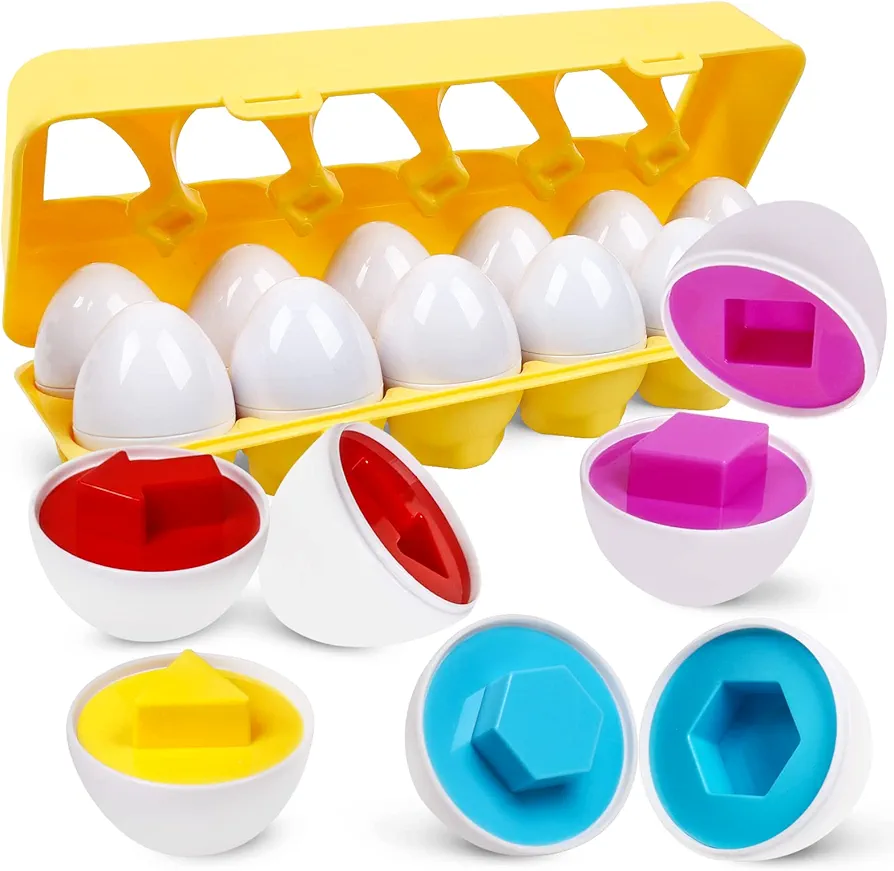 Easter Matching Eggs for Toddlers, 12 pcs Set Color & Shape Egg Puzzle Toys, Montessori Geometric Eggs,Educational Preschool Game Fine Motor Skill Gifts for1 2 3 Years Old Kids Boys Girls