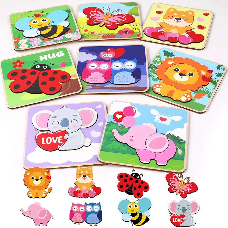 8PCS Valentines Day Gifts for Kids Valentine Wooden Puzzles for Toddlers Learning Toy Valentines Day Puzzles Party Favors for Kids Boys Girls Classroom Exchange Gift Educational Preschool Toys