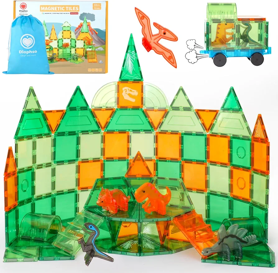 Dinosaur Magnetic Tiles for Kids 3-8, 3D Dinosaur Building Blocks Set with 1 Magnet Car, 5 Dinosuar Figures, Educational STEM Magnet Toys Xmas Gifts for Boys and Girls 3+ Year Old