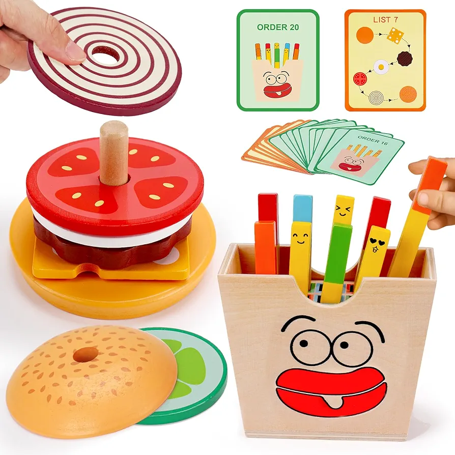 Montessori Toys for 2 3 4 5 Year Old, Wooden Burger Stacking Toys and French Fries Matching Games, Educational Fine Motor Toys for Toddlers Preschool Learning Pretend Play Food for Kid Boy Girl Gift