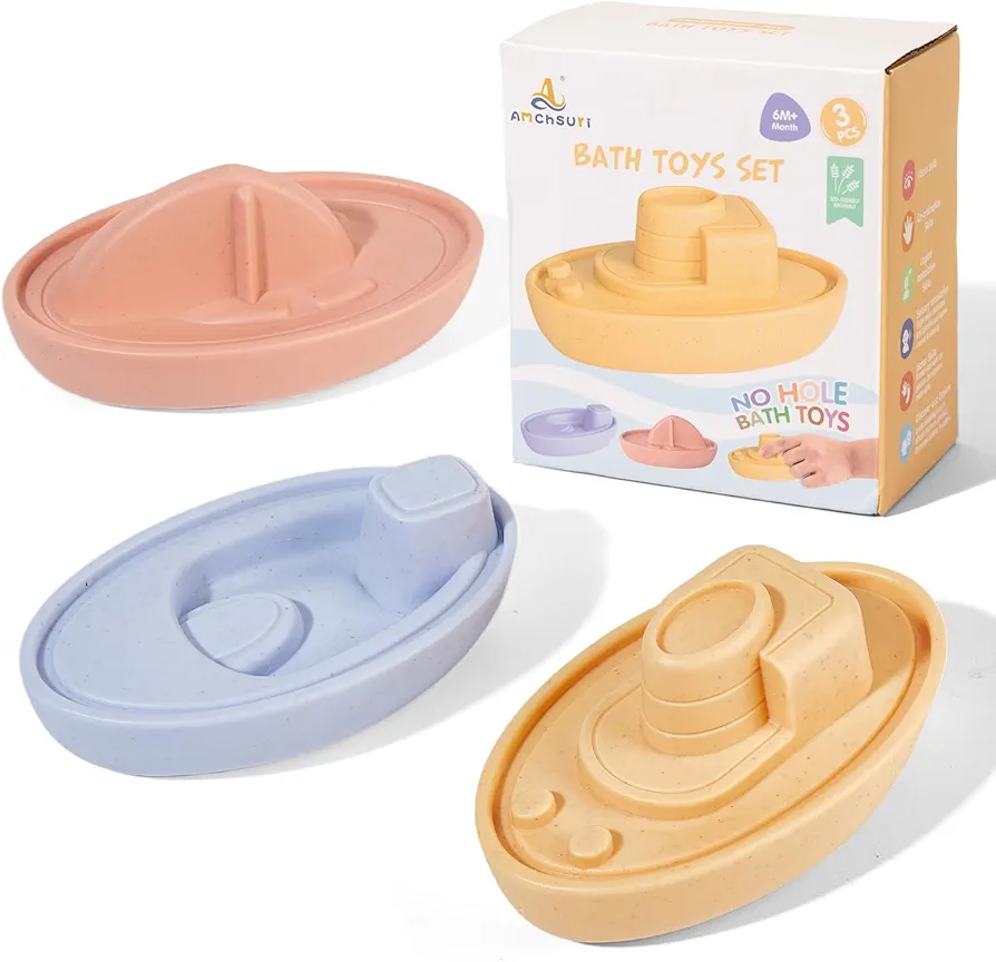 Mold Fee Bath Toys for Kids Ages 1-3, 3 Pcs No Hole Floating Boats Toddler Bath Toys for Babies 6-12 Months, Baby Pool Bath Tub Shower Toys Presents for Preschool Boys Girls