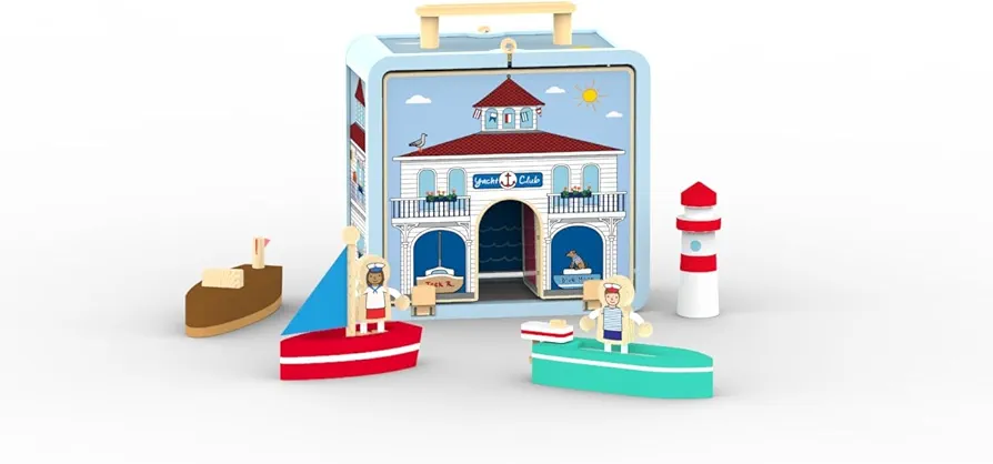 Jack Rabbit Creations Yacht Club Suitcase Playset 13 Eco-friendly Wooden Figures- Travel Toys- includes Boats, Sailors, Lighthouse, Sea Creatures and Dog- Boys and Girls 3+